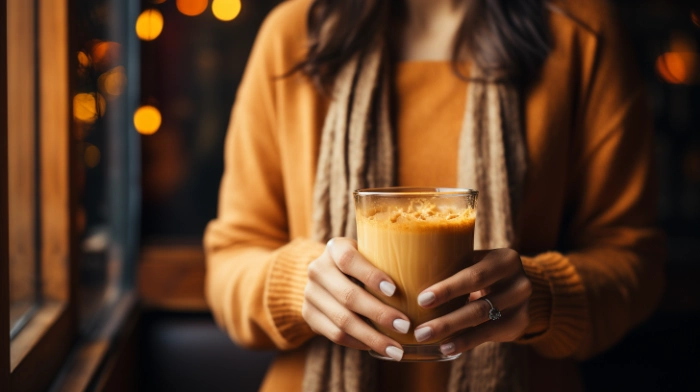 a young woman holding a pumpkin spice latte in her hands