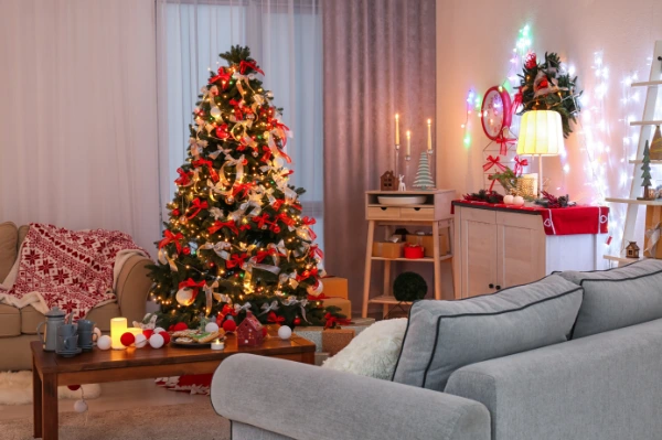 a joyful decorated living room with a christmas tree