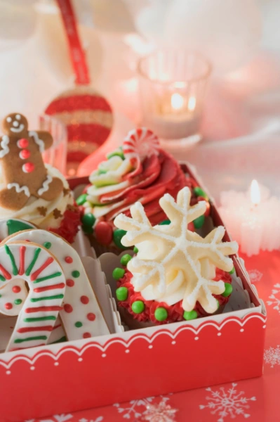 seasonal christmas treats like cookies and muffins in a red box