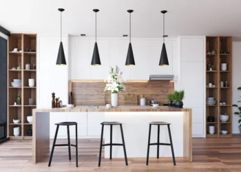 a modern rustic kitchen with thite furnitures and stools in front of the kitchen island