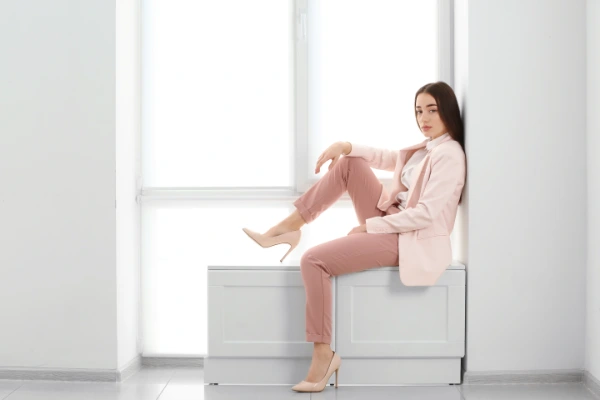a young woman with brown hair sitting on a cupboard with a pink pastel outfit