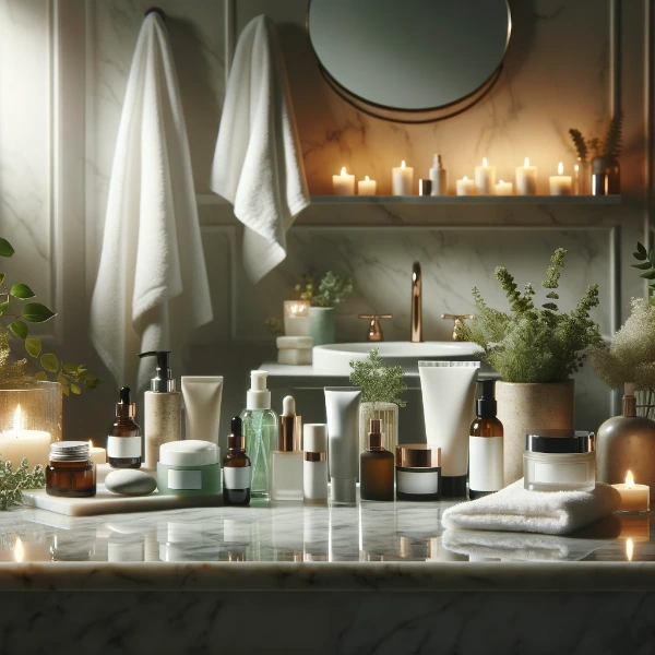 a bathroom with skin care products on a table
