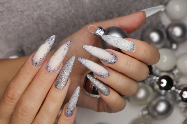 white and silver sparkling nails