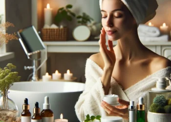 a young woman with a hand towl on her head is doing her winter skin care. and skin care products staying in front of her on a table